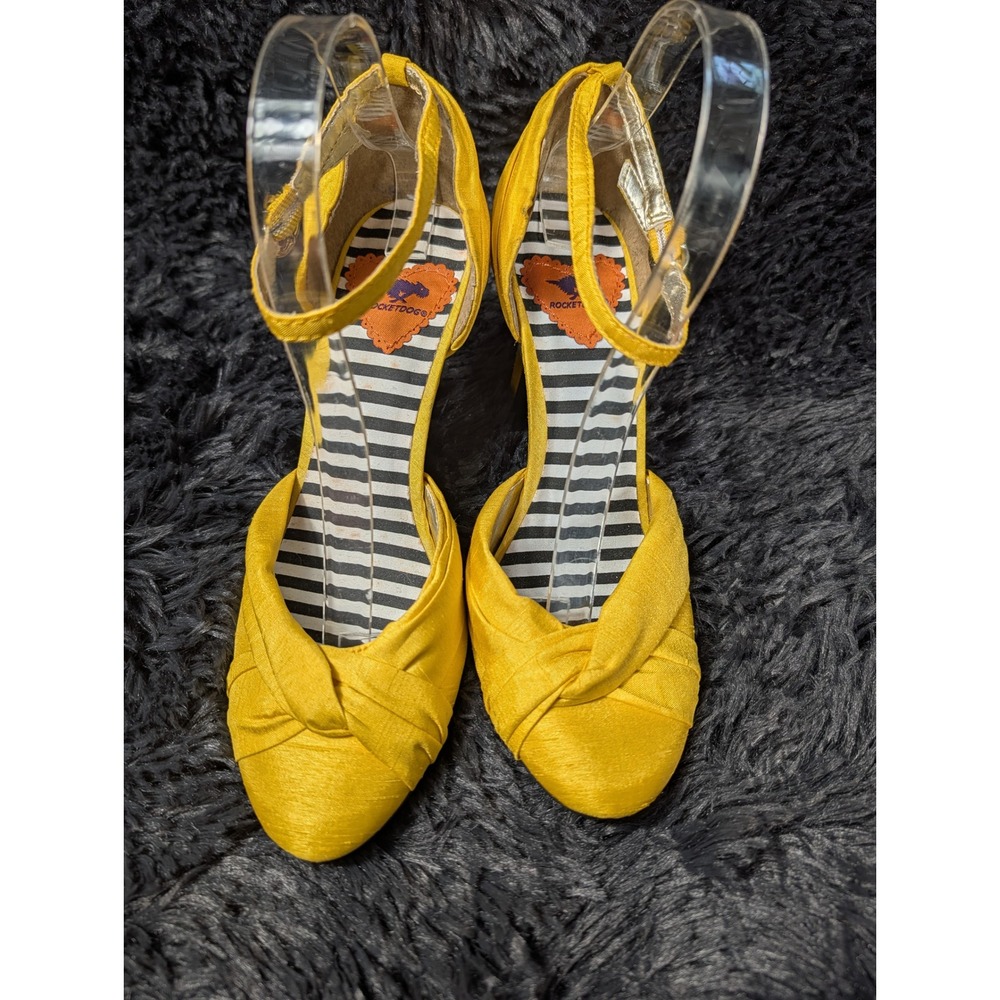 Rocket Dog Yellow Fabric Ankle Strap Heels Knotted Toe Striped Insole 8.5M C249 - Picture 3 of 10